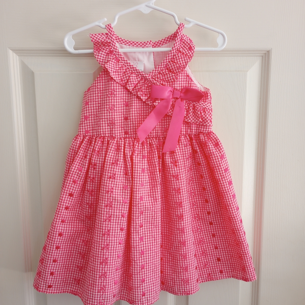 Bonnie Jean Pink Checkered Dress with Bow 2T Floral eyelets